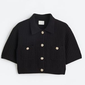 Black short-sleeved Rib-Knit Cardigan with Collar, Size XS